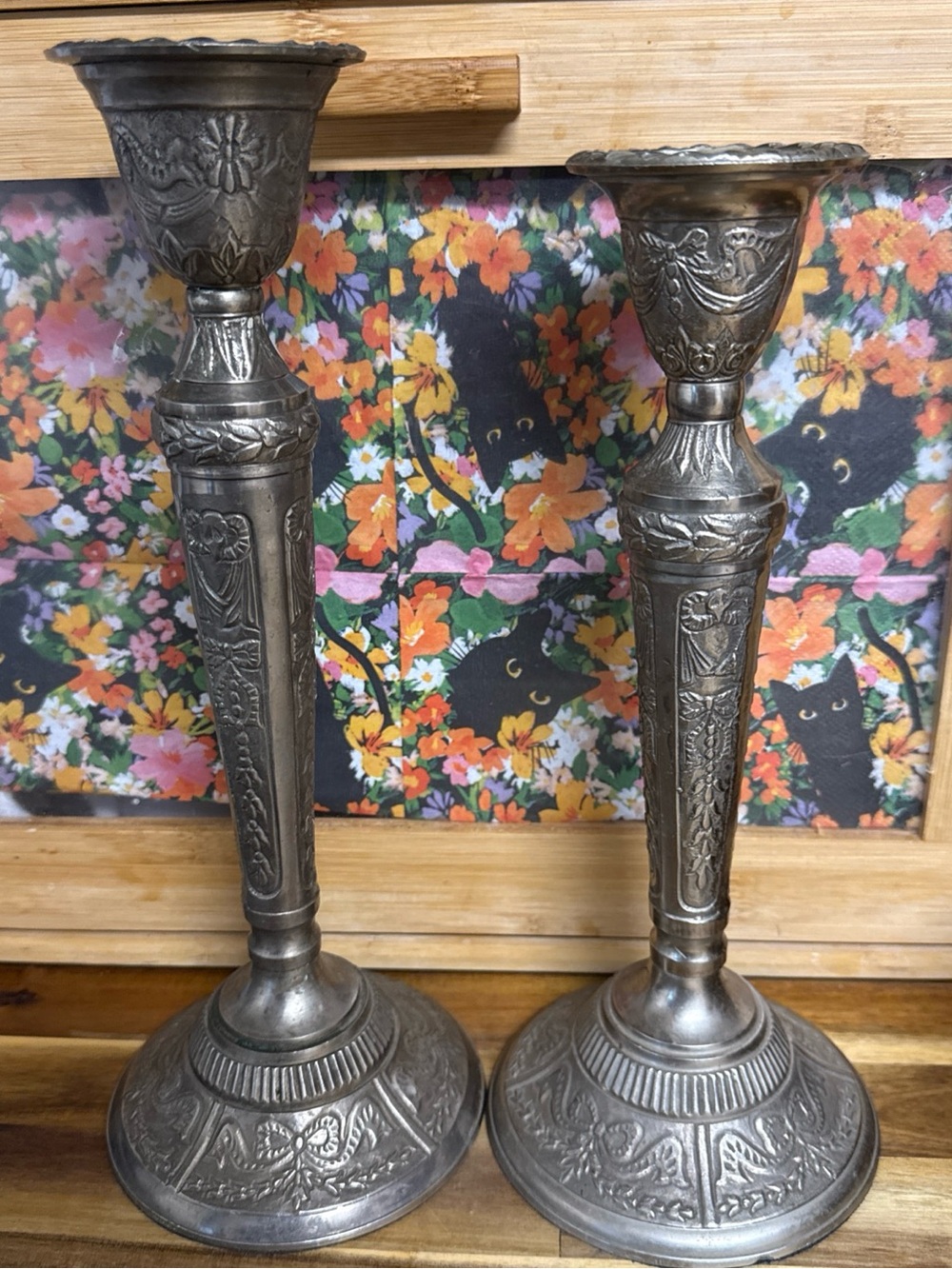 Vintage silver pewter Ornate Candlesticks neoclassic Set 2 From India Beautiful
